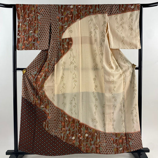 【庫存清倉】訪問服 身長159cm 袖長65cm M 雙層 草花紋紋 蝴蝶 金彩裝飾 漸層 紅茶 純蠶絲 優品級