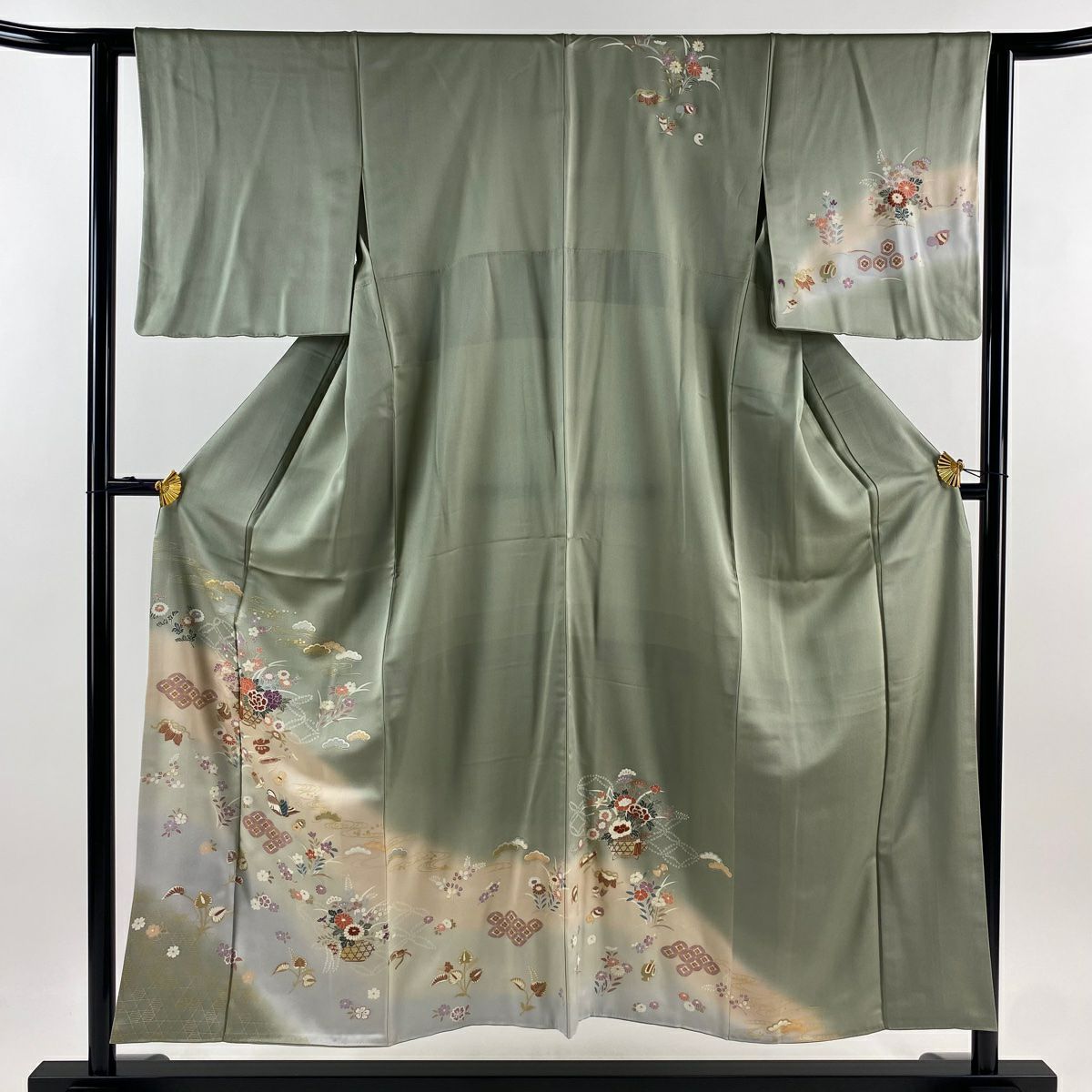 【庫存清倉】訪問服 身長151cm 袖長62cm S 雙層 花籠 松樹竹子梅花 金銀彩 漸層 灰綠 純蠶絲 優品級