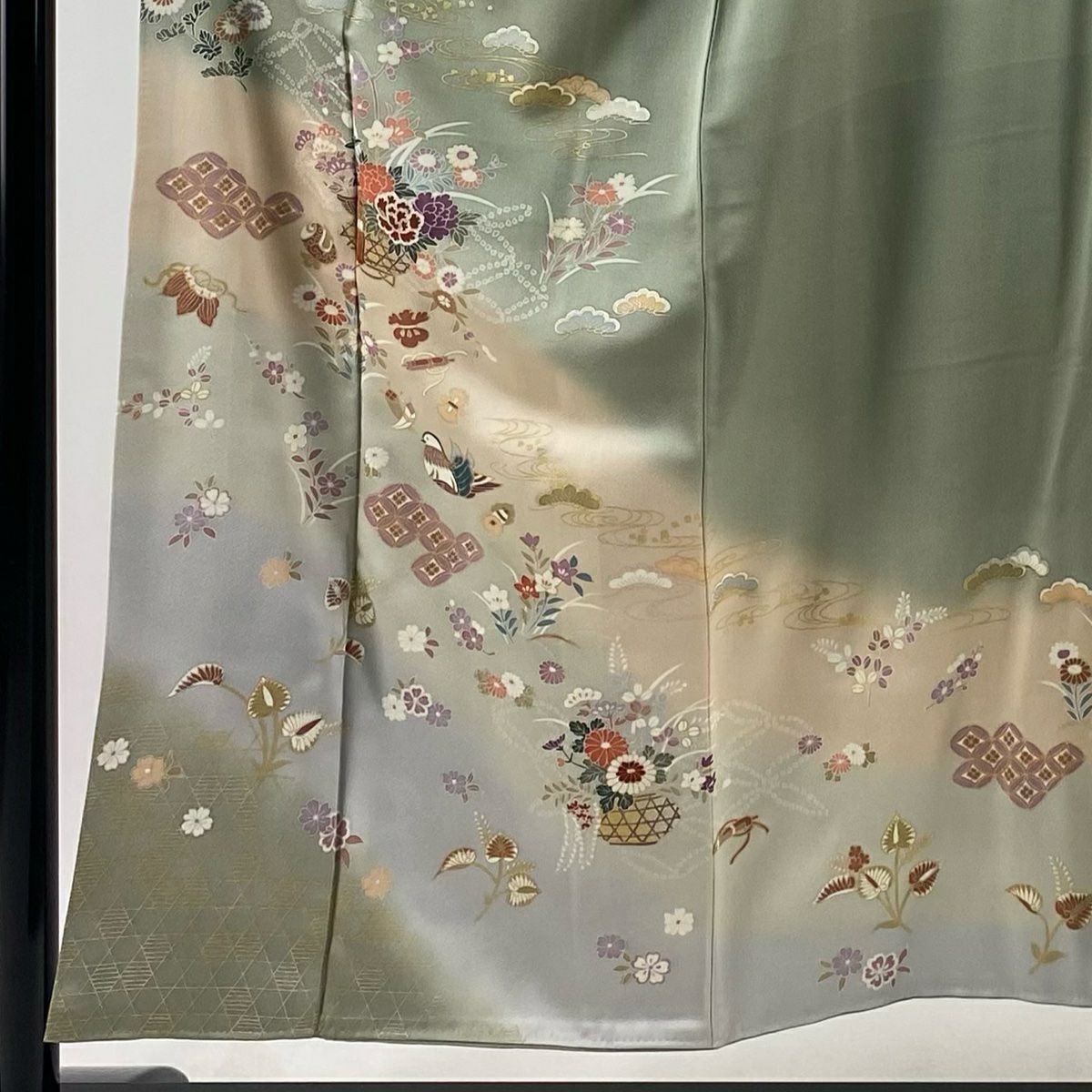 【庫存清倉】訪問服 身長151cm 袖長62cm S 雙層 花籠 松樹竹子梅花 金銀彩 漸層 灰綠 純蠶絲 優品級