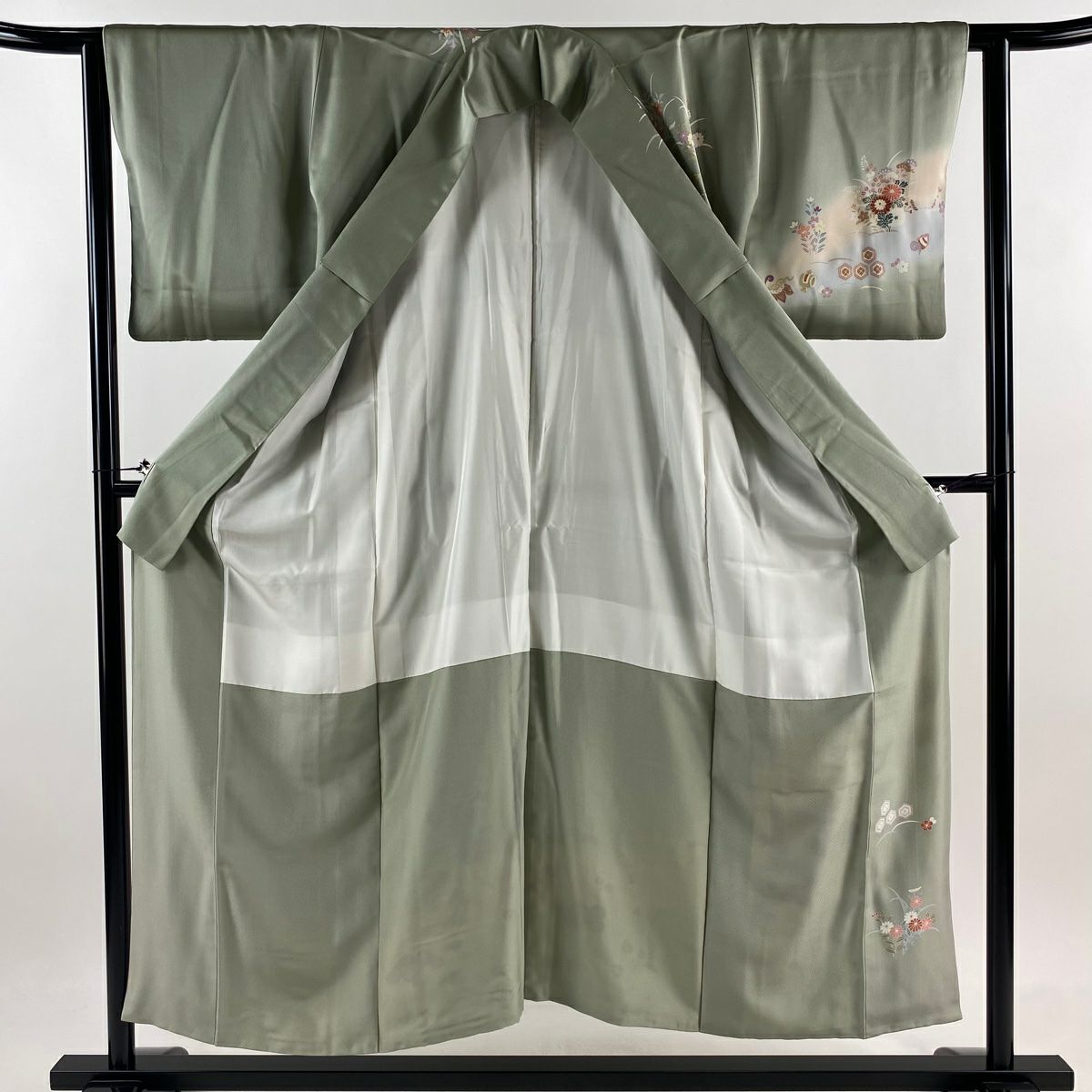 【庫存清倉】訪問服 身長151cm 袖長62cm S 雙層 花籠 松樹竹子梅花 金銀彩 漸層 灰綠 純蠶絲 優品級