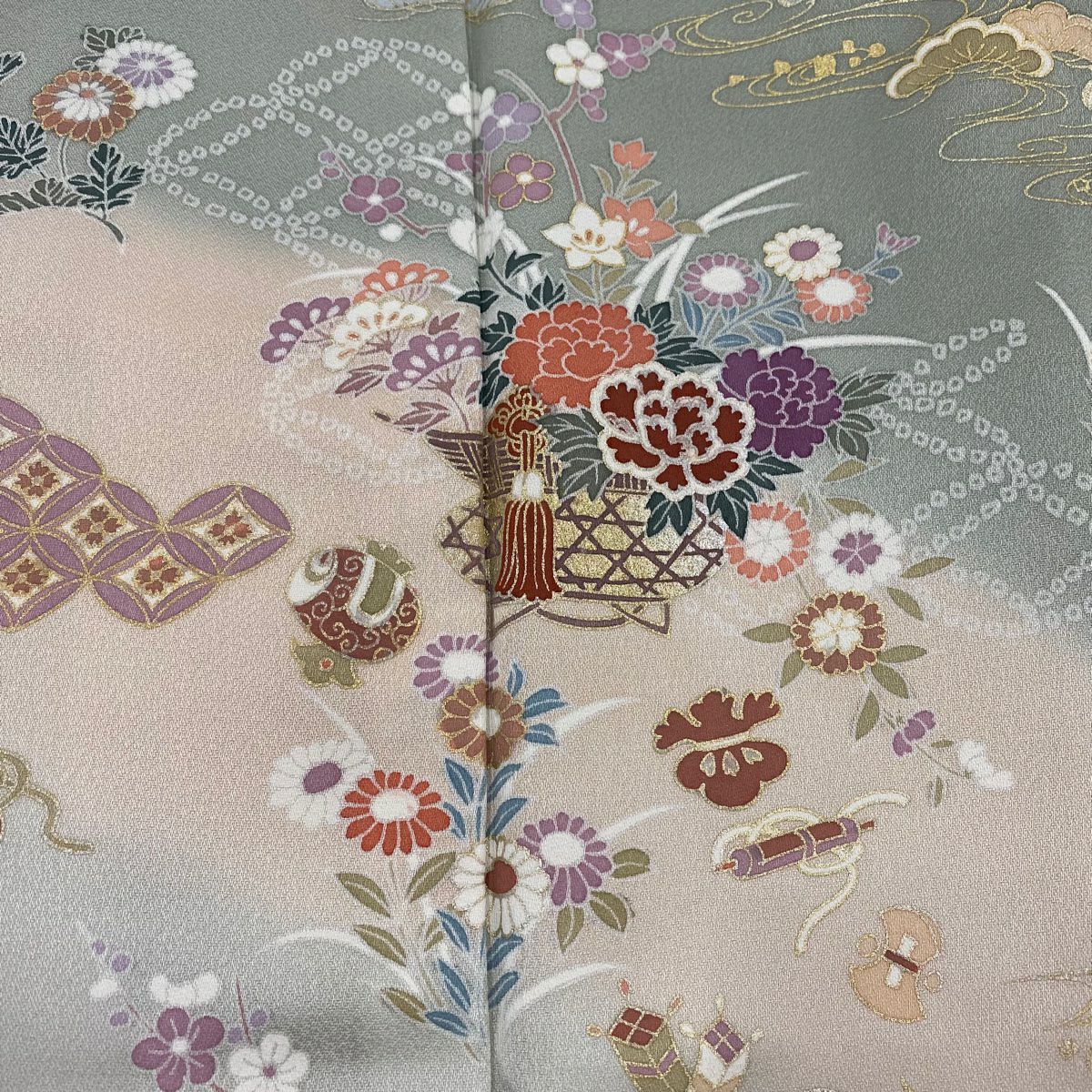 【庫存清倉】訪問服 身長151cm 袖長62cm S 雙層 花籠 松樹竹子梅花 金銀彩 漸層 灰綠 純蠶絲 優品級