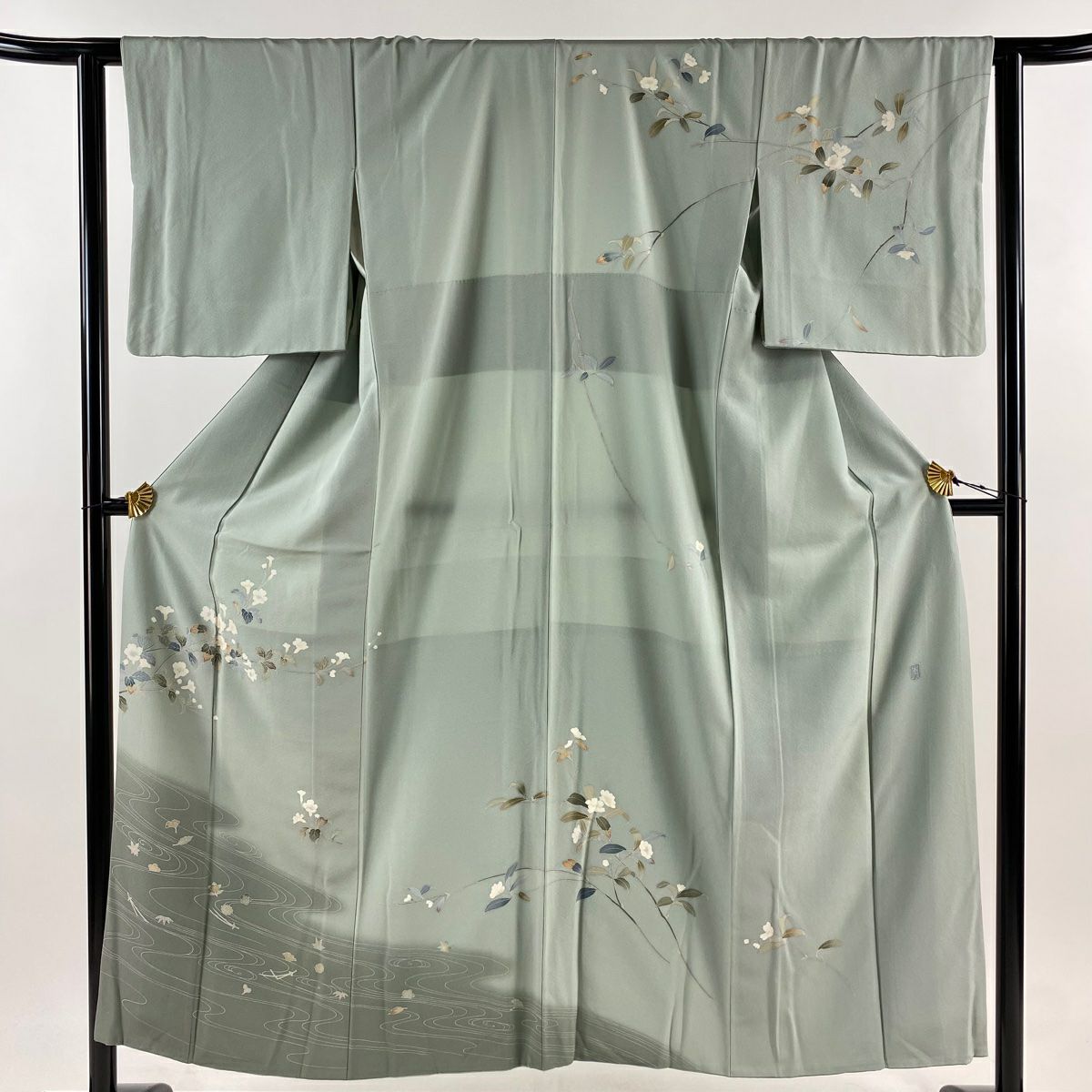 【庫存清倉】訪問服 身長151cm 袖長62cm S 雙層 落款有 枝花 流水 染分 逐漸變色 灰綠 純蠶絲 優品級