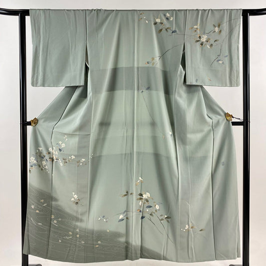 【庫存清倉】訪問服 身長151cm 袖長62cm S 雙層 落款有 枝花 流水 染分 逐漸變色 灰綠 純蠶絲 優品級