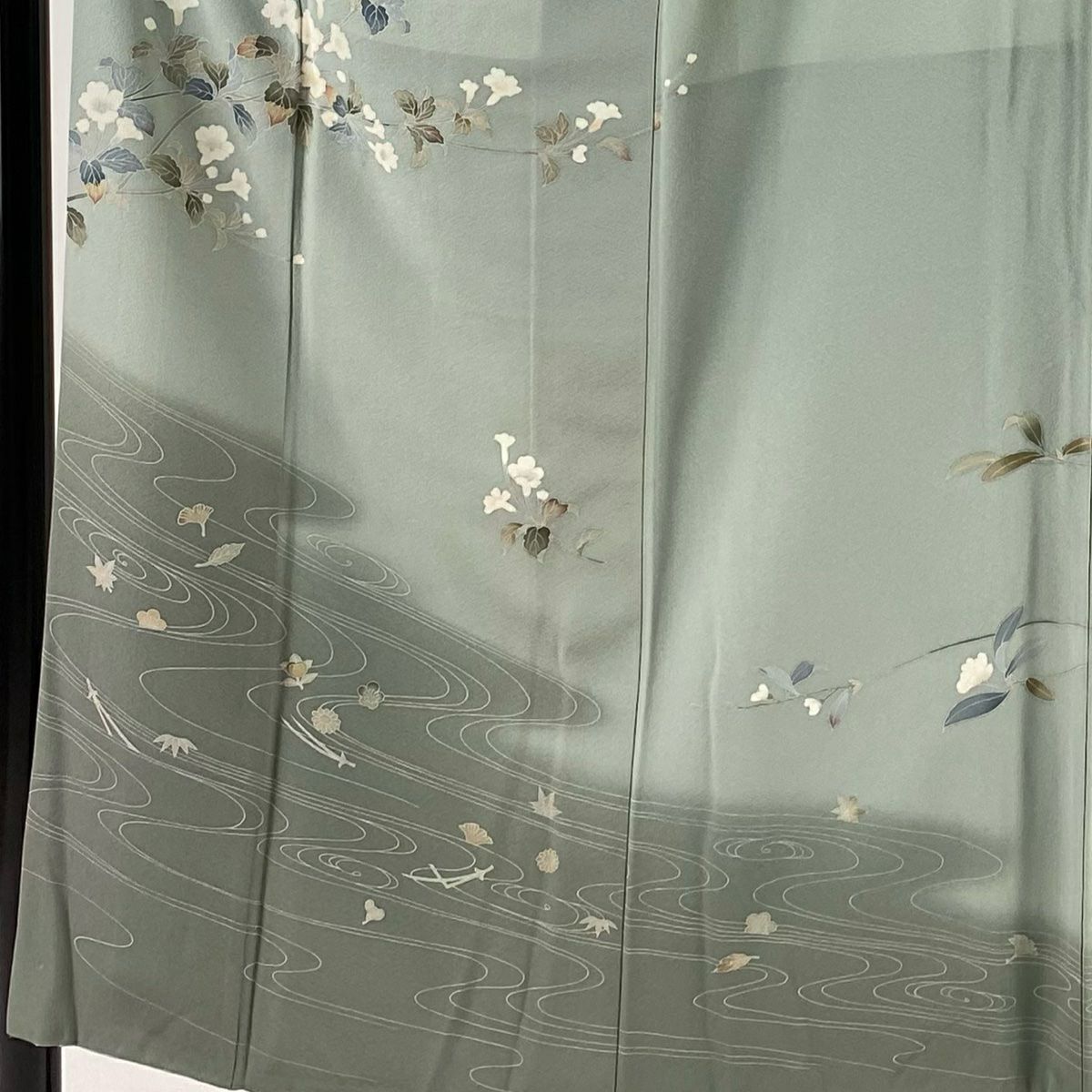 【庫存清倉】訪問服 身長151cm 袖長62cm S 雙層 落款有 枝花 流水 染分 逐漸變色 灰綠 純蠶絲 優品級