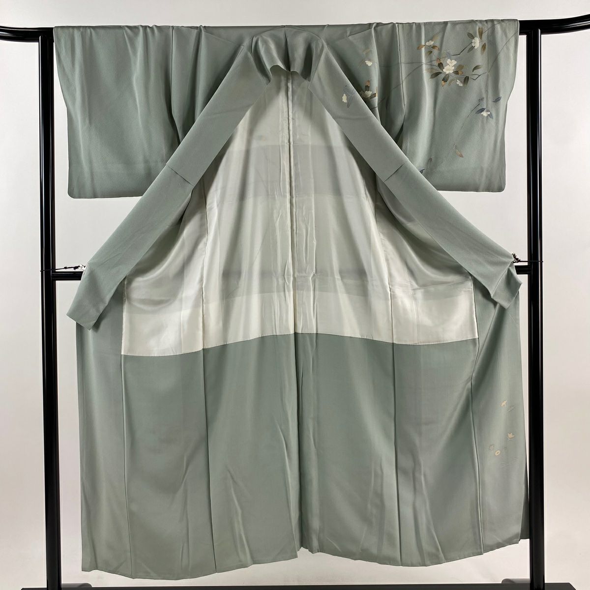 【庫存清倉】訪問服 身長151cm 袖長62cm S 雙層 落款有 枝花 流水 染分 逐漸變色 灰綠 純蠶絲 優品級