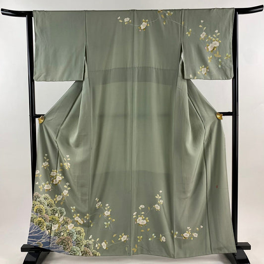 【庫存清倉】訪問服 身長161cm 袖長63.5cm S 雙層 落款有 椿 樹木 灰綠 純蠶絲 優品級
