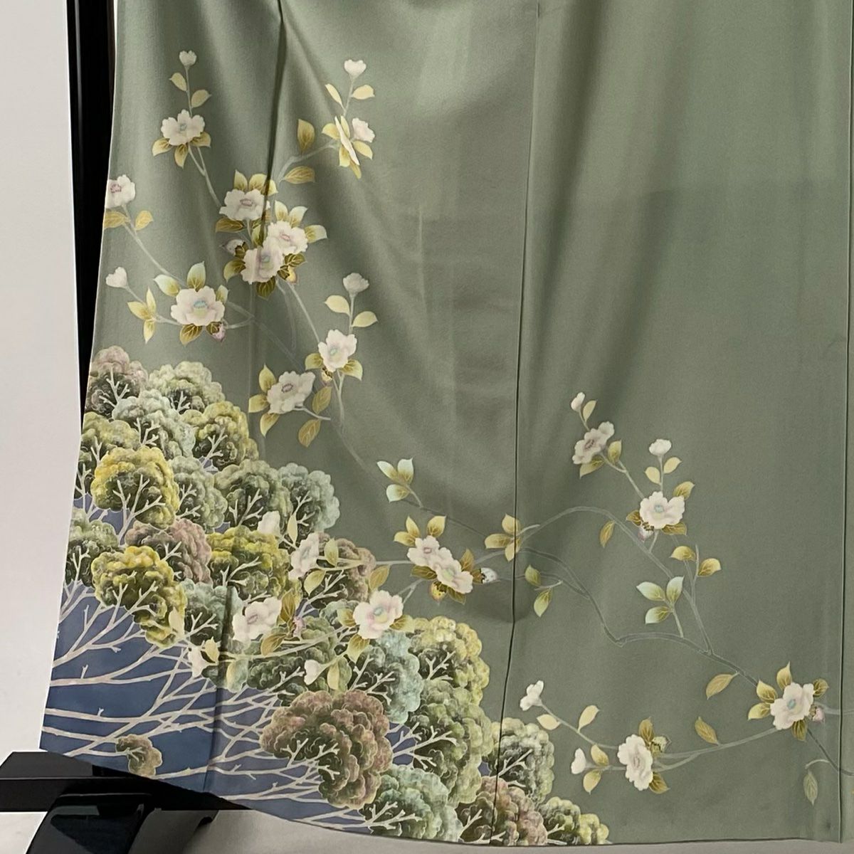 【庫存清倉】訪問服 身長161cm 袖長63.5cm S 雙層 落款有 椿 樹木 灰綠 純蠶絲 優品級