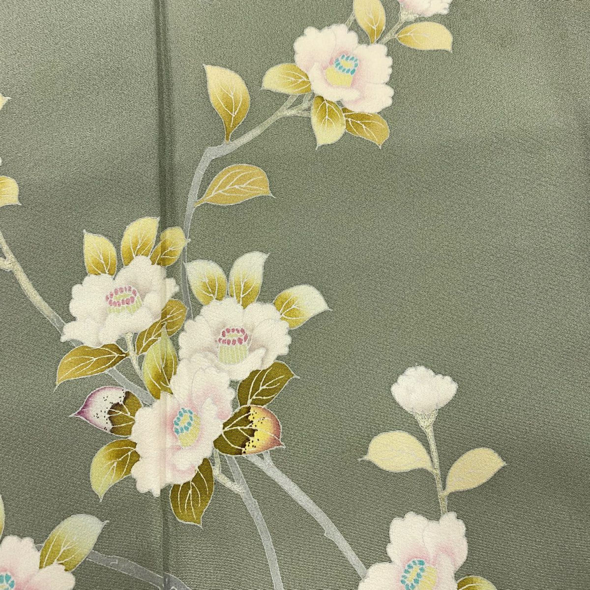 【庫存清倉】訪問服 身長161cm 袖長63.5cm S 雙層 落款有 椿 樹木 灰綠 純蠶絲 優品級