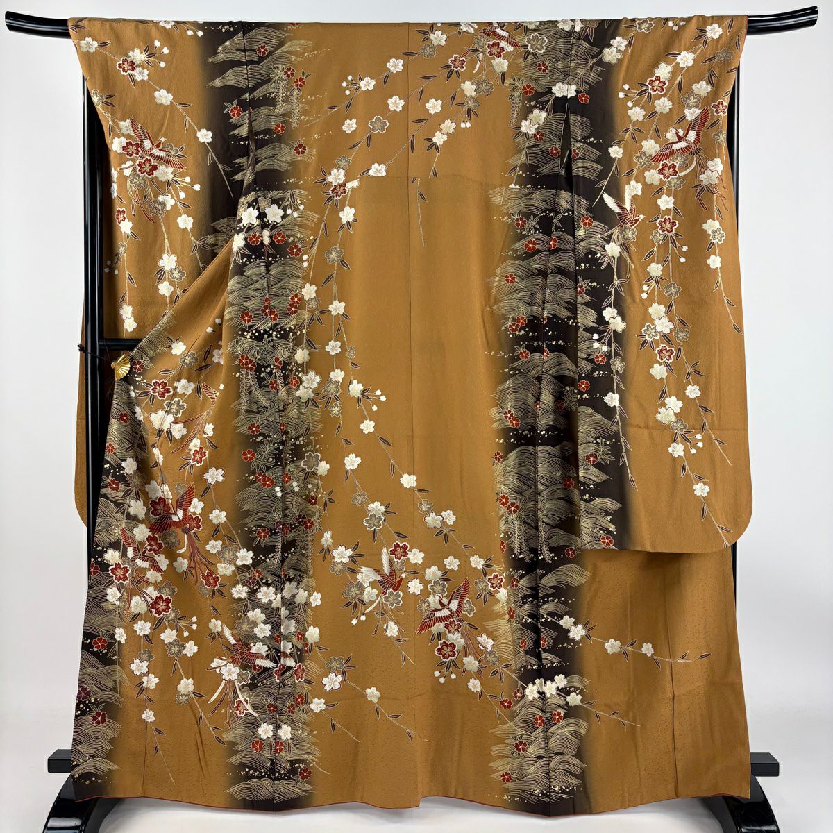 【庫存清倉】振袖禮服 身長164cm 袖長68.5cm L 雙層 鈴乃屋 尾長鳥 櫻花 金銀彩 漸層 薄茶 純蠶絲 美品 名品級