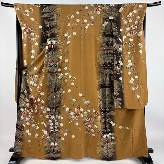 【庫存清倉】振袖禮服 身長164cm 袖長68.5cm L 雙層 鈴乃屋 尾長鳥 櫻花 金銀彩 漸層 薄茶 純蠶絲 美品 名品級