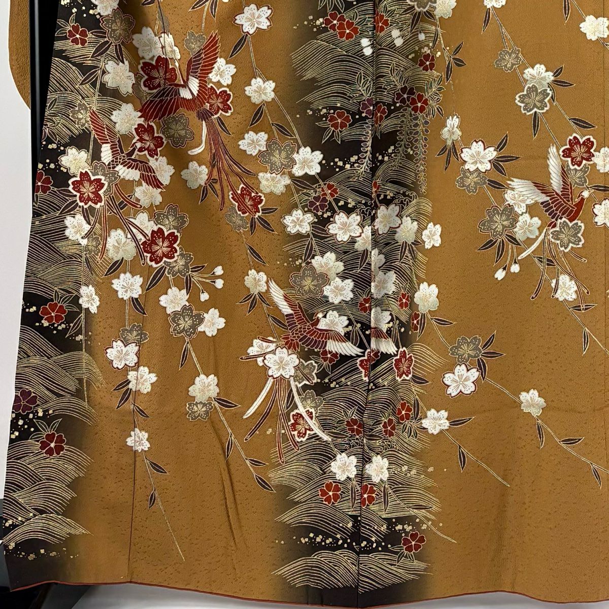 【庫存清倉】振袖禮服 身長164cm 袖長68.5cm L 雙層 鈴乃屋 尾長鳥 櫻花 金銀彩 漸層 薄茶 純蠶絲 美品 名品級