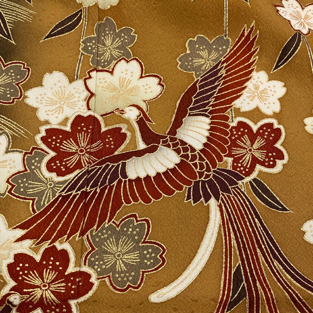 【庫存清倉】振袖禮服 身長164cm 袖長68.5cm L 雙層 鈴乃屋 尾長鳥 櫻花 金銀彩 漸層 薄茶 純蠶絲 美品 名品級