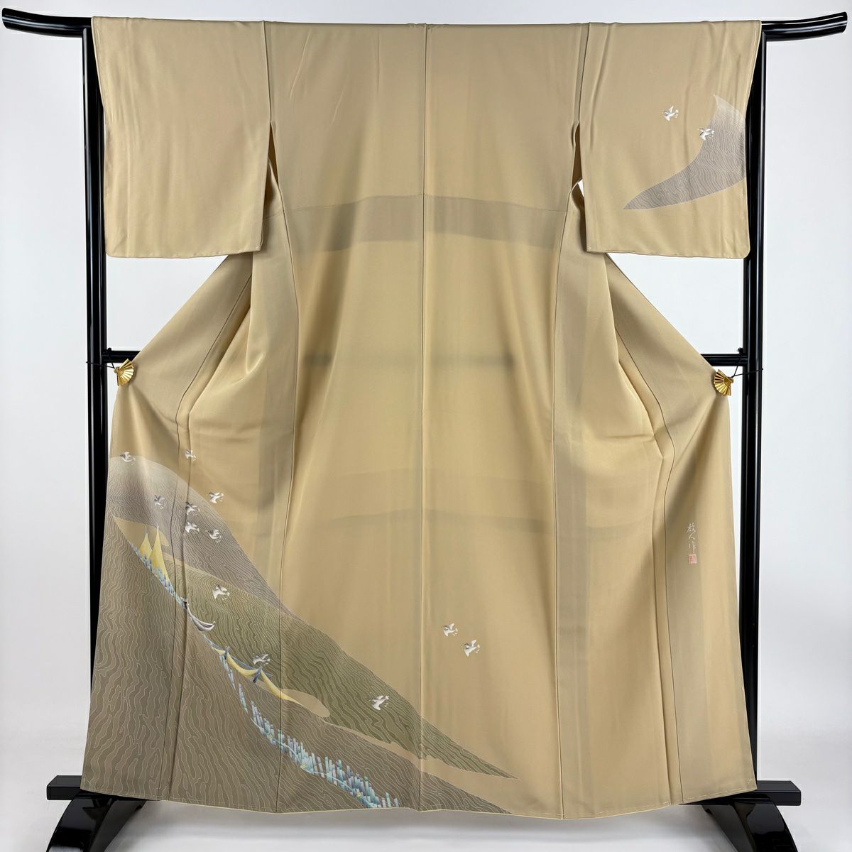 【美品】付下 身長161.5cm 袖長63.5cm S 雙層 落款あり 鳥 波 薄茶 純蠶絲 名品級