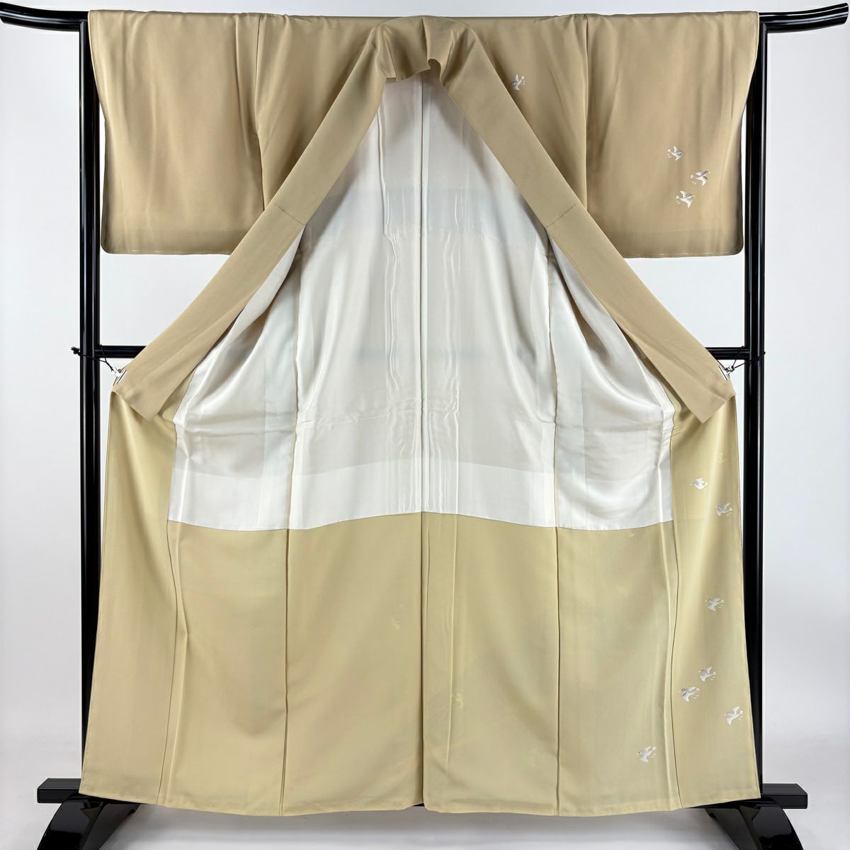 【美品】付下 身長161.5cm 袖長63.5cm S 雙層 落款あり 鳥 波 薄茶 純蠶絲 名品級