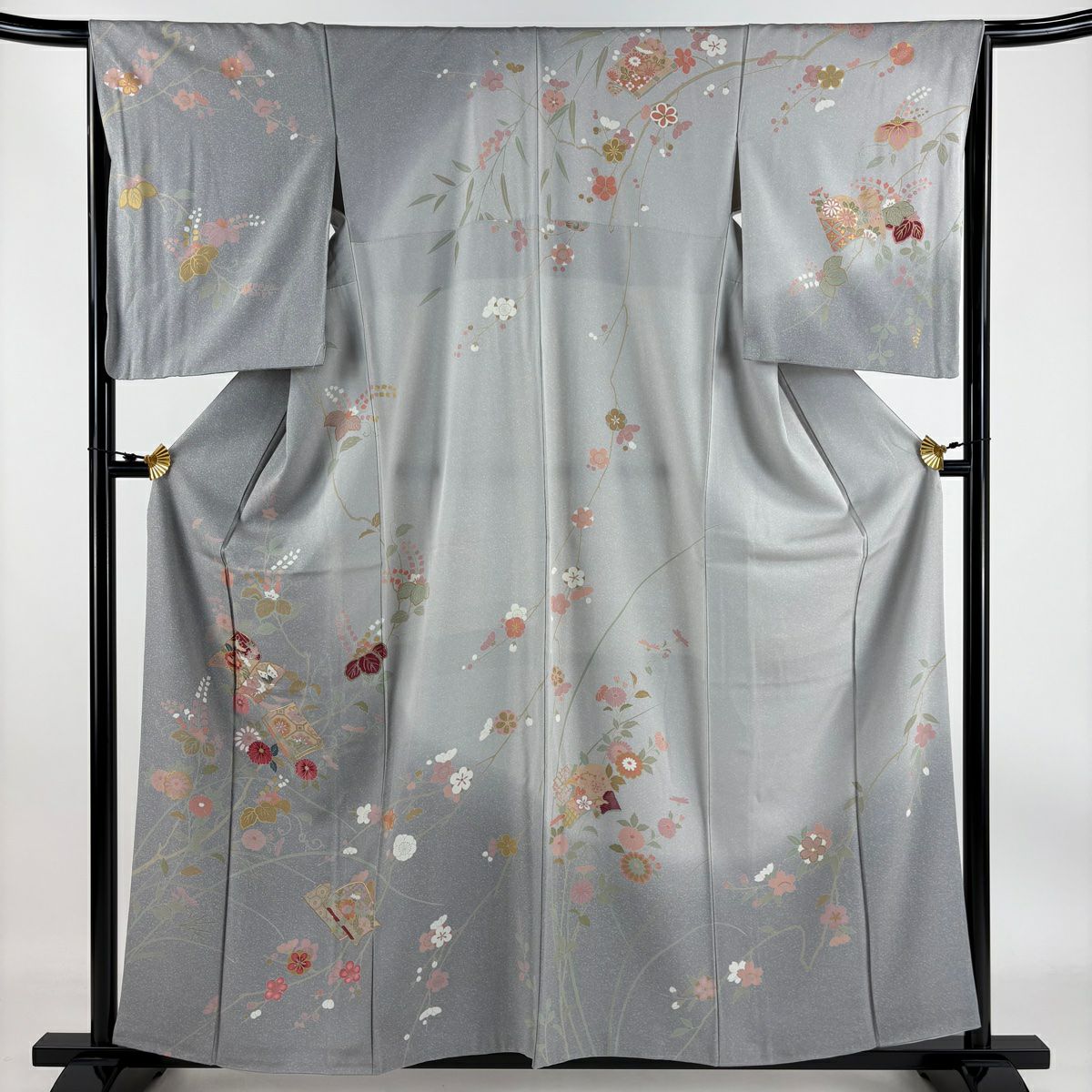 【庫存清倉】訪問服 身長159cm 袖長65.5cm M 雙層 冊子 草花紋紋 金絲 金銀彩 灰色 純蠶絲 名品級