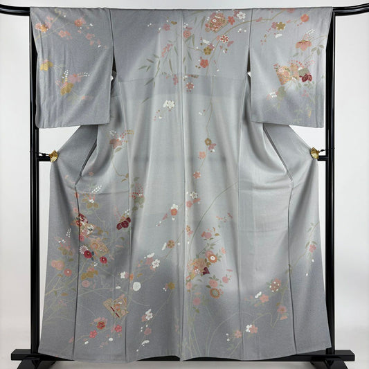 【庫存清倉】訪問服 身長159cm 袖長65.5cm M 雙層 冊子 草花紋紋 金絲 金銀彩 灰色 純蠶絲 名品級