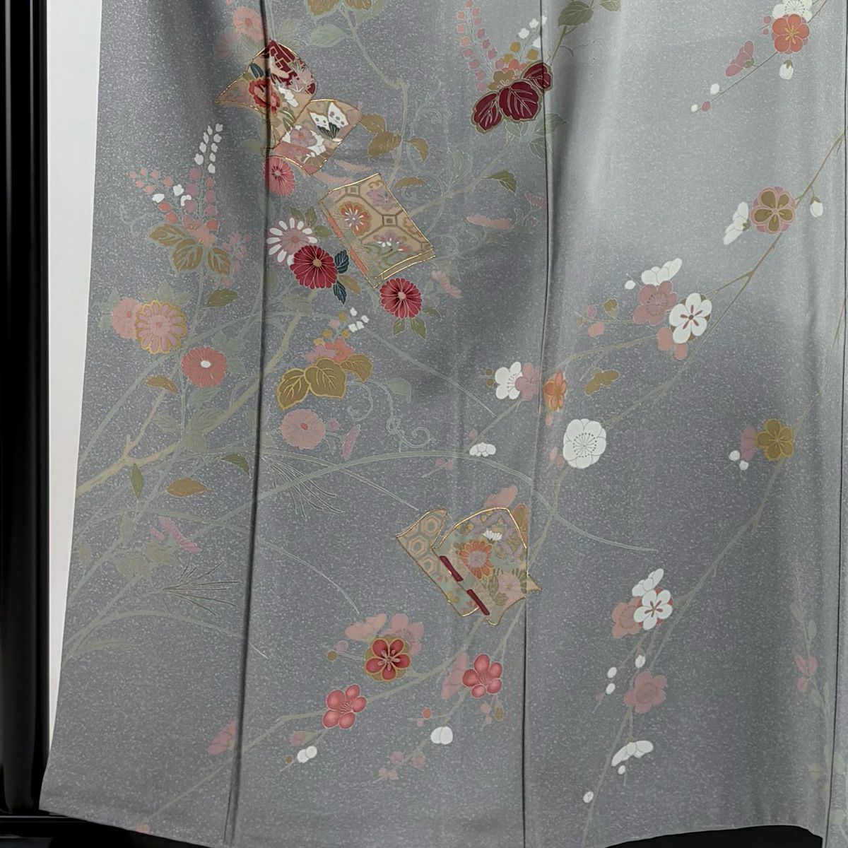 【庫存清倉】訪問服 身長159cm 袖長65.5cm M 雙層 冊子 草花紋紋 金絲 金銀彩 灰色 純蠶絲 名品級