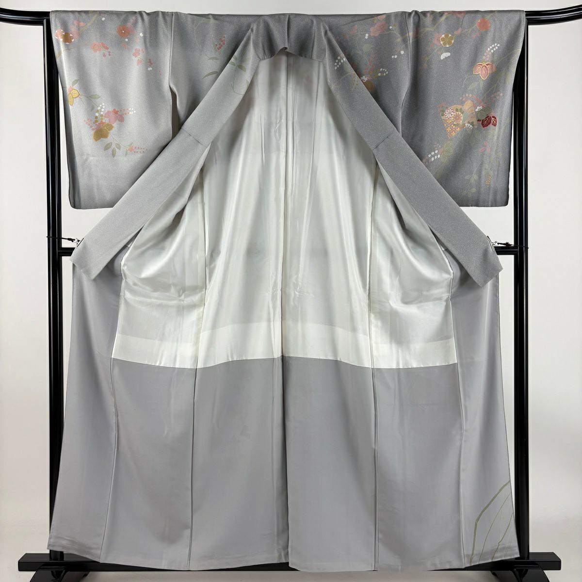 【庫存清倉】訪問服 身長159cm 袖長65.5cm M 雙層 冊子 草花紋紋 金絲 金銀彩 灰色 純蠶絲 名品級