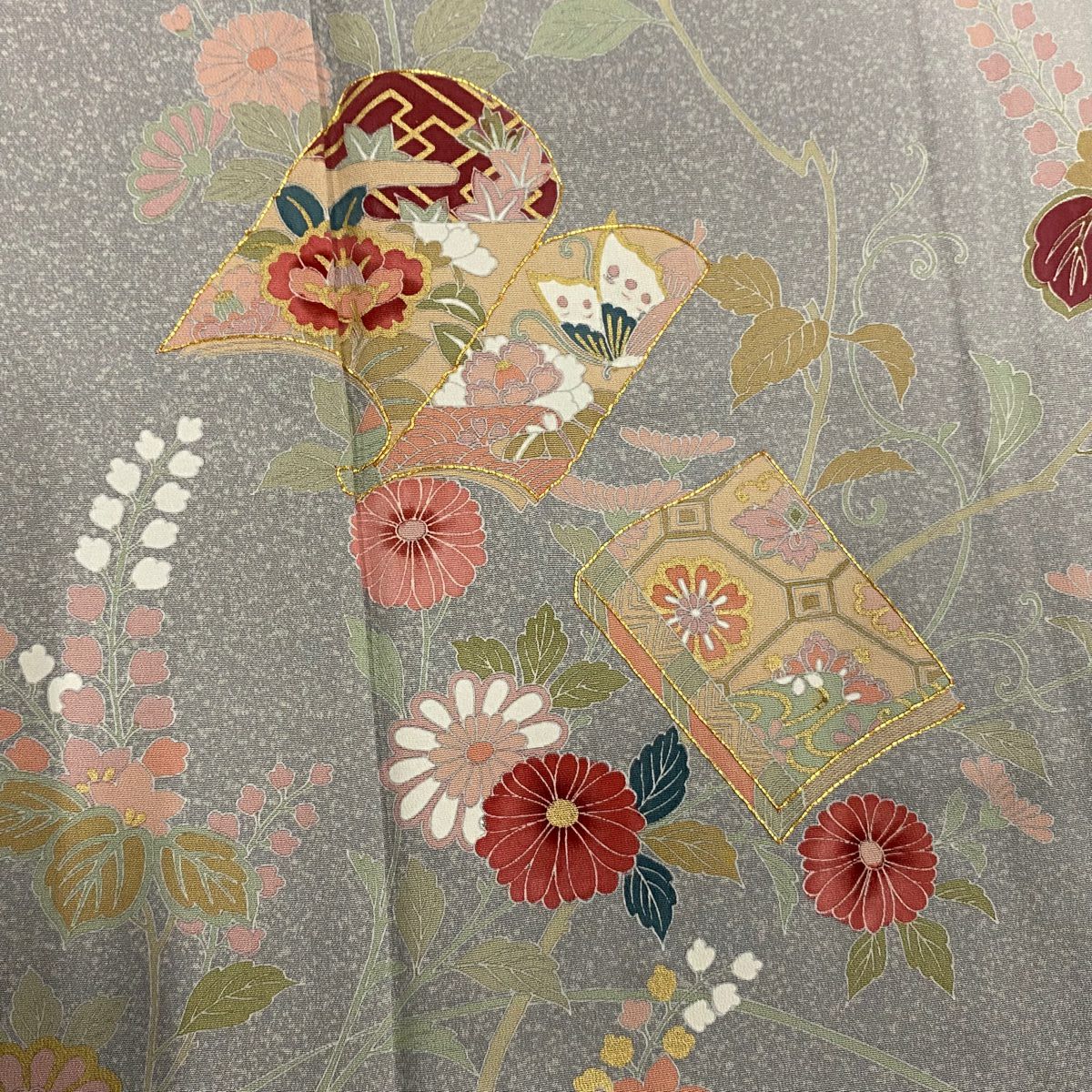 【庫存清倉】訪問服 身長159cm 袖長65.5cm M 雙層 冊子 草花紋紋 金絲 金銀彩 灰色 純蠶絲 名品級