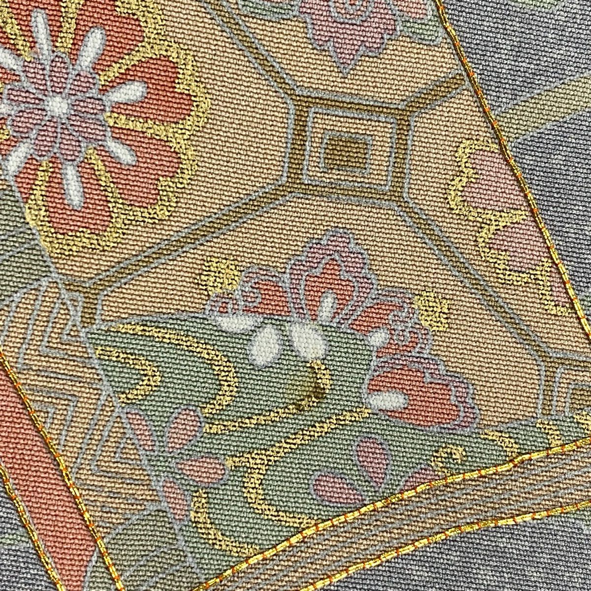 【庫存清倉】訪問服 身長159cm 袖長65.5cm M 雙層 冊子 草花紋紋 金絲 金銀彩 灰色 純蠶絲 名品級