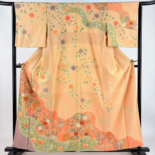 【庫存清倉】訪問服 身長158cm 袖長64.5cm M 雙層 雪輪 菊花 金絲 金銀彩 淺橙色 純蠶絲 名品級