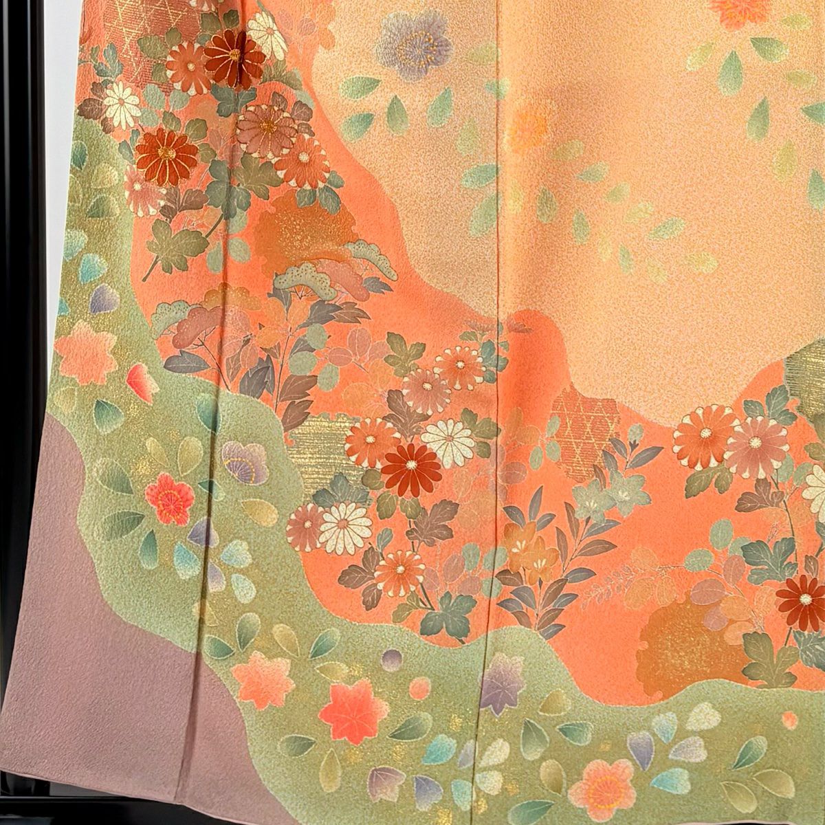 【庫存清倉】訪問服 身長158cm 袖長64.5cm M 雙層 雪輪 菊花 金絲 金銀彩 淺橙色 純蠶絲 名品級