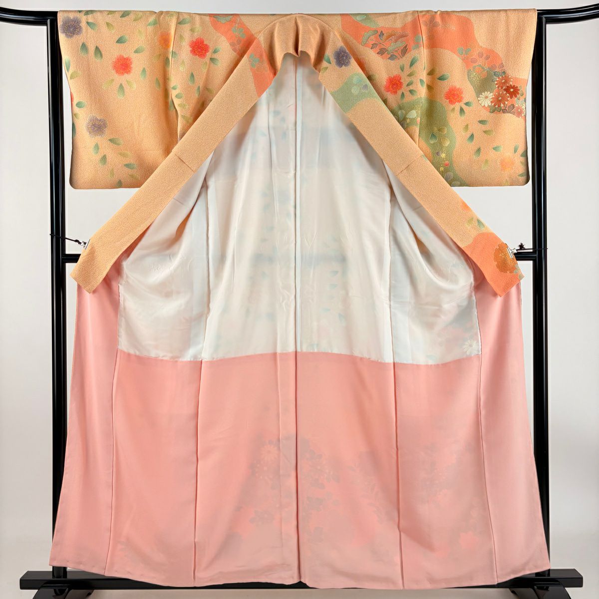 【庫存清倉】訪問服 身長158cm 袖長64.5cm M 雙層 雪輪 菊花 金絲 金銀彩 淺橙色 純蠶絲 名品級