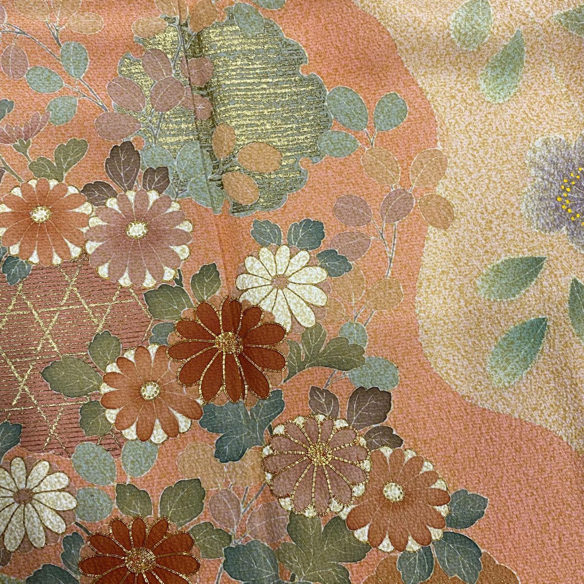 【庫存清倉】訪問服 身長158cm 袖長64.5cm M 雙層 雪輪 菊花 金絲 金銀彩 淺橙色 純蠶絲 名品級