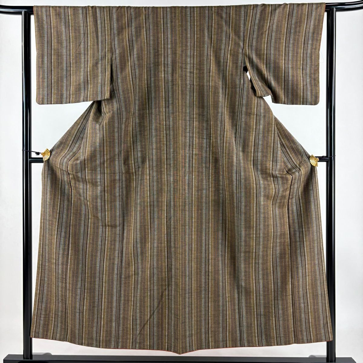 【庫存清倉】 紬織 身長152cm 袖長61.5cm S 雙層 縞 焦茶 純蠶絲 美品 秀品級