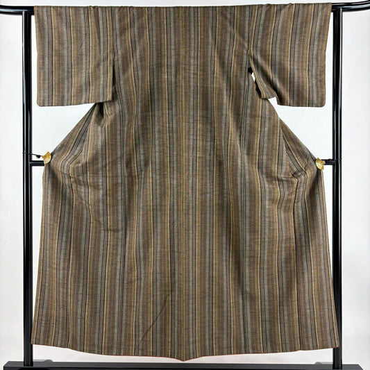 【庫存清倉】 紬織 身長152cm 袖長61.5cm S 雙層 縞 焦茶 純蠶絲 美品 秀品級