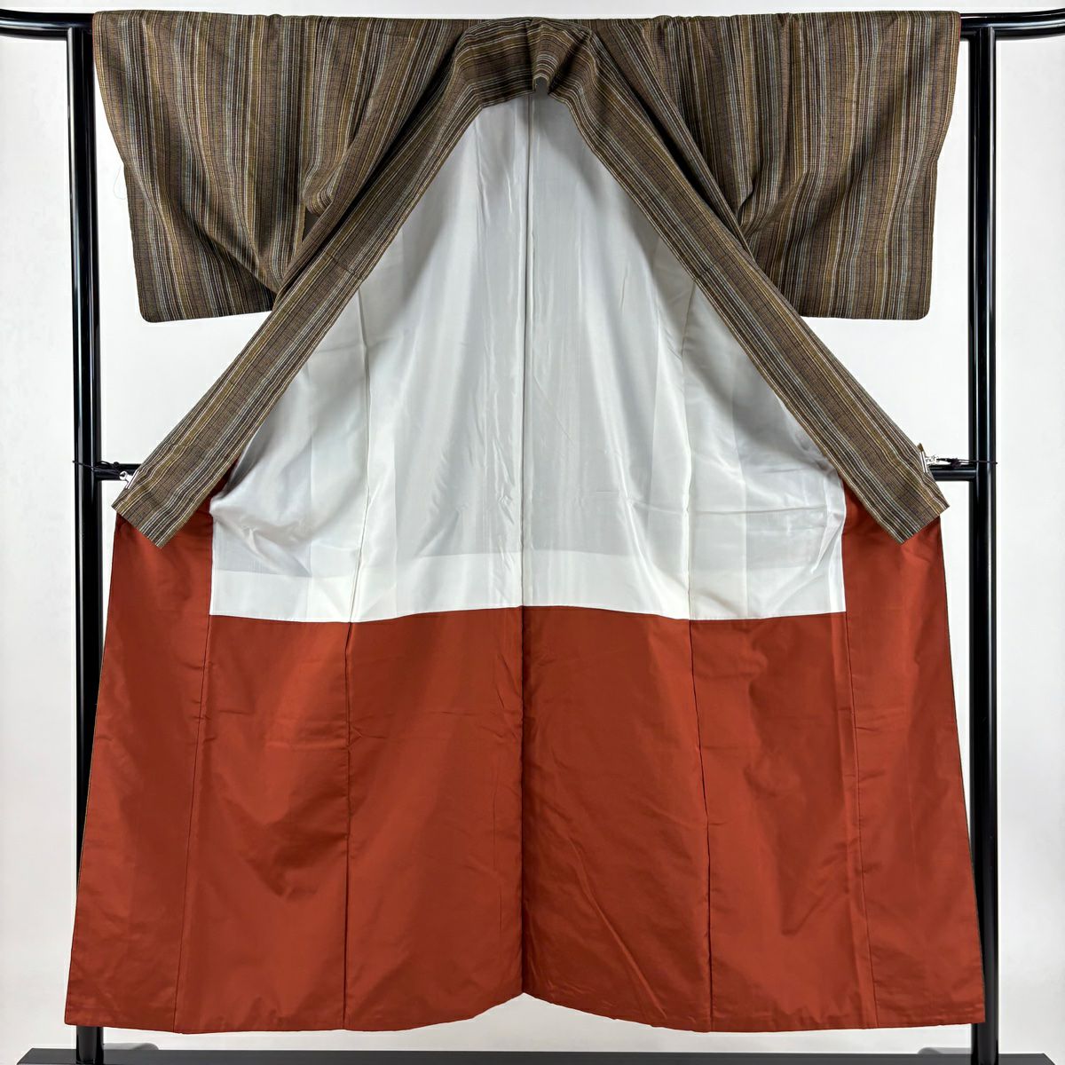 【庫存清倉】 紬織 身長152cm 袖長61.5cm S 雙層 縞 焦茶 純蠶絲 美品 秀品級
