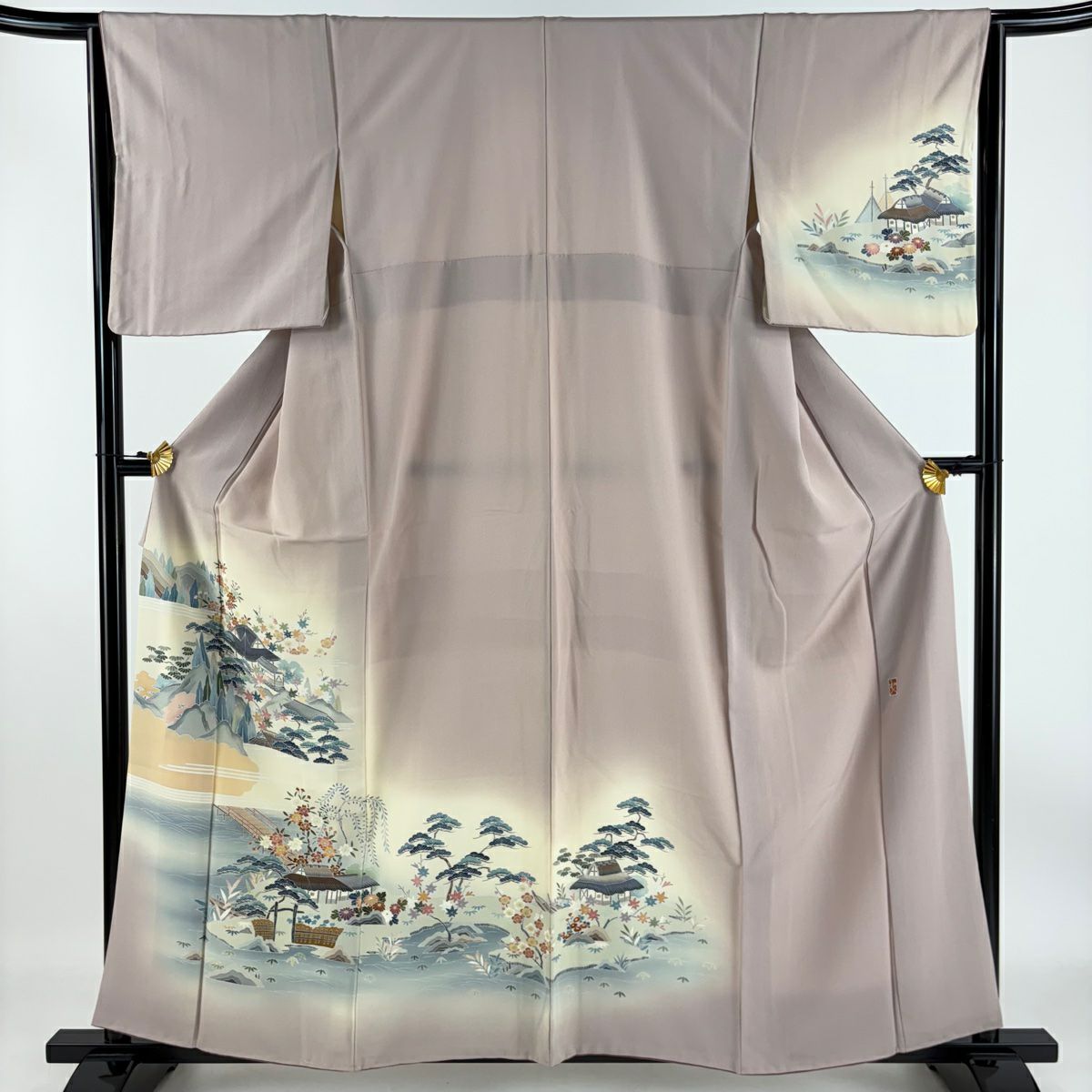 【庫存清倉】訪問服 身長159.5cm 袖長64cm M 雙層 附有落款 風景 家屋 漸層 薄紫 純蠶絲 優品級