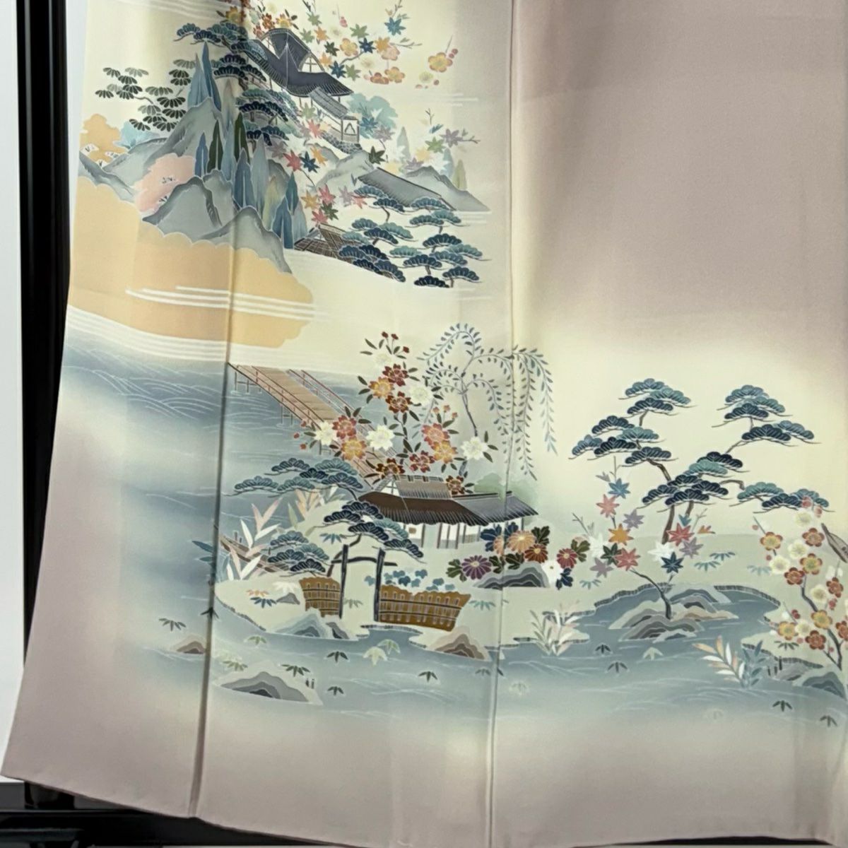 【庫存清倉】訪問服 身長159.5cm 袖長64cm M 雙層 附有落款 風景 家屋 漸層 薄紫 純蠶絲 優品級