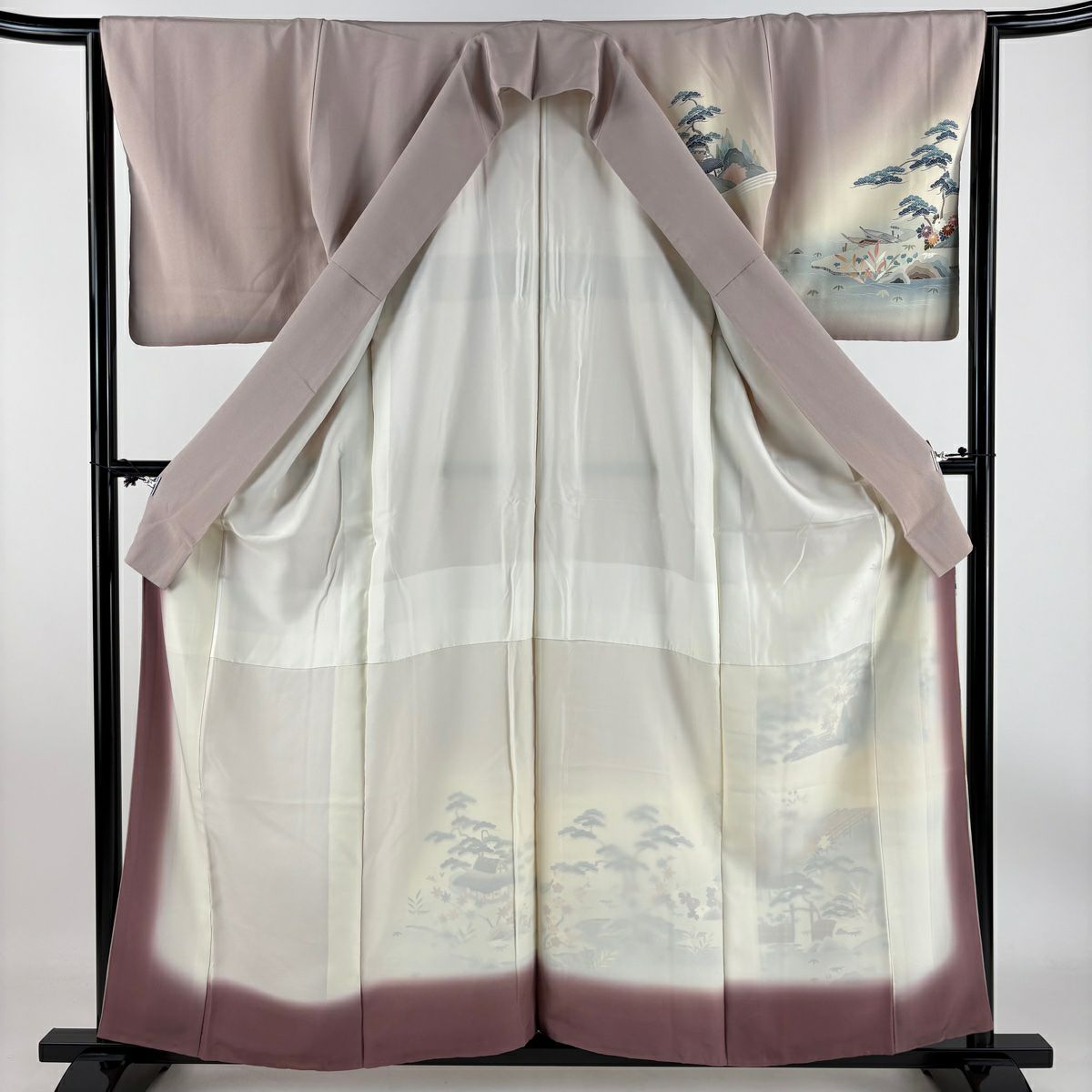【庫存清倉】訪問服 身長159.5cm 袖長64cm M 雙層 附有落款 風景 家屋 漸層 薄紫 純蠶絲 優品級