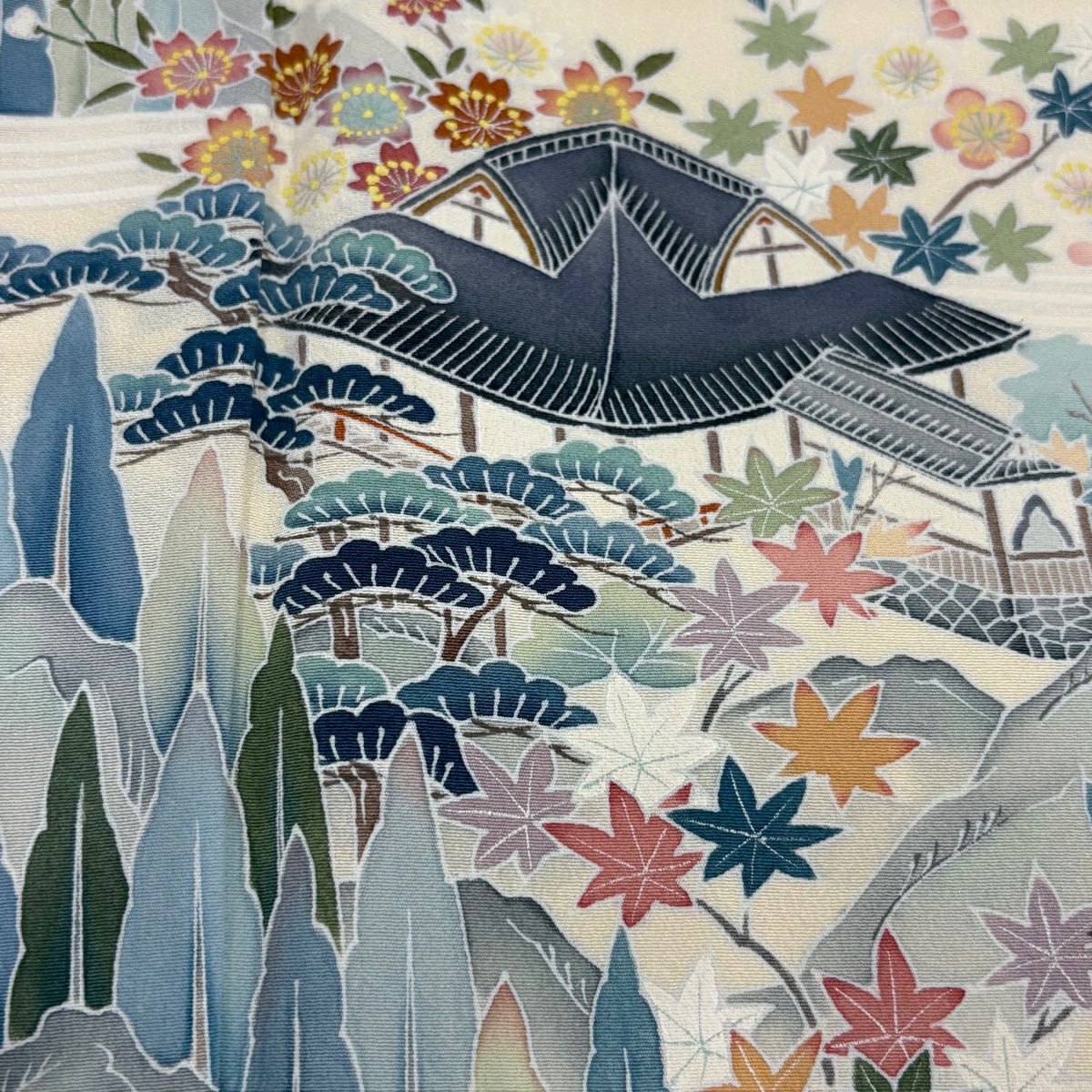 【庫存清倉】訪問服 身長159.5cm 袖長64cm M 雙層 附有落款 風景 家屋 漸層 薄紫 純蠶絲 優品級