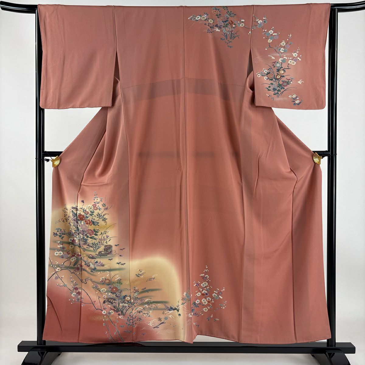 【庫存清倉】訪問服 身長155.5cm 袖長64.5cm M 雙層 短冊 草花紋紋 金彩裝飾 漸層 粉紅 純蠶絲 優品級