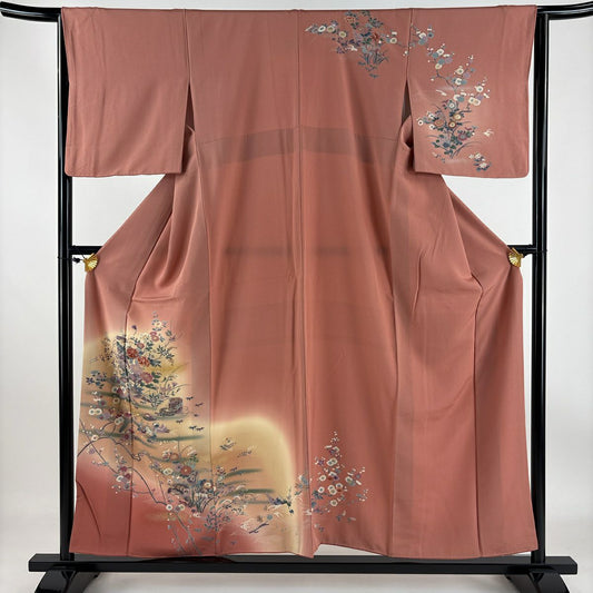 【庫存清倉】訪問服 身長155.5cm 袖長64.5cm M 雙層 短冊 草花紋紋 金彩裝飾 漸層 粉紅 純蠶絲 優品級