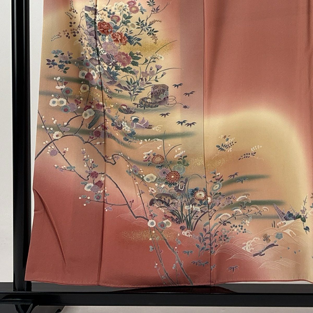 【庫存清倉】訪問服 身長155.5cm 袖長64.5cm M 雙層 短冊 草花紋紋 金彩裝飾 漸層 粉紅 純蠶絲 優品級
