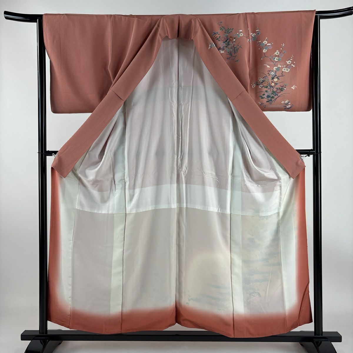 【庫存清倉】訪問服 身長155.5cm 袖長64.5cm M 雙層 短冊 草花紋紋 金彩裝飾 漸層 粉紅 純蠶絲 優品級