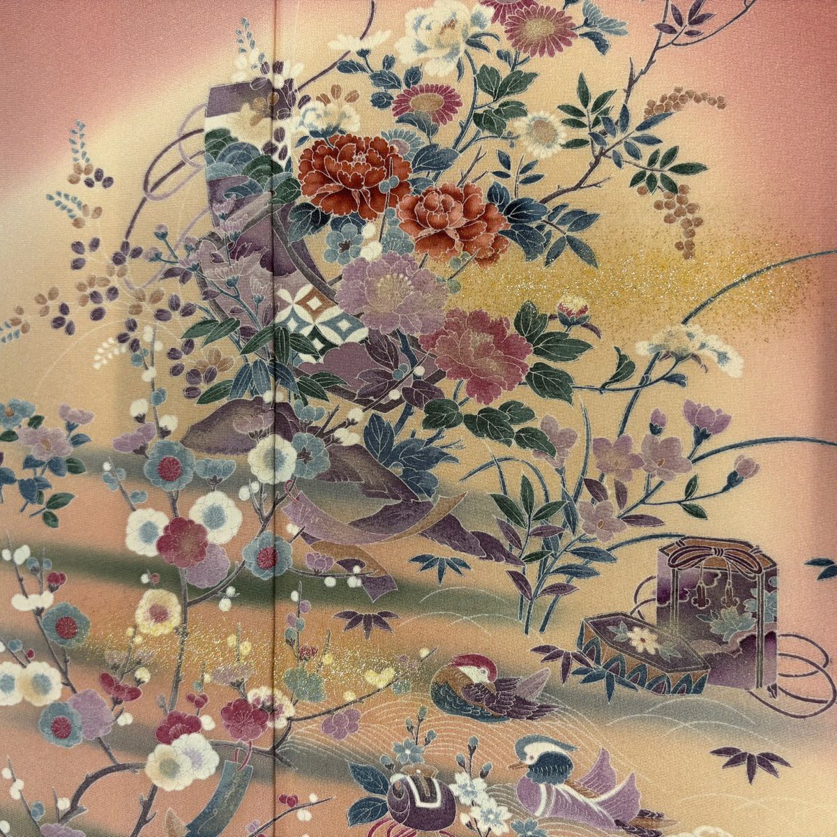 【庫存清倉】訪問服 身長155.5cm 袖長64.5cm M 雙層 短冊 草花紋紋 金彩裝飾 漸層 粉紅 純蠶絲 優品級