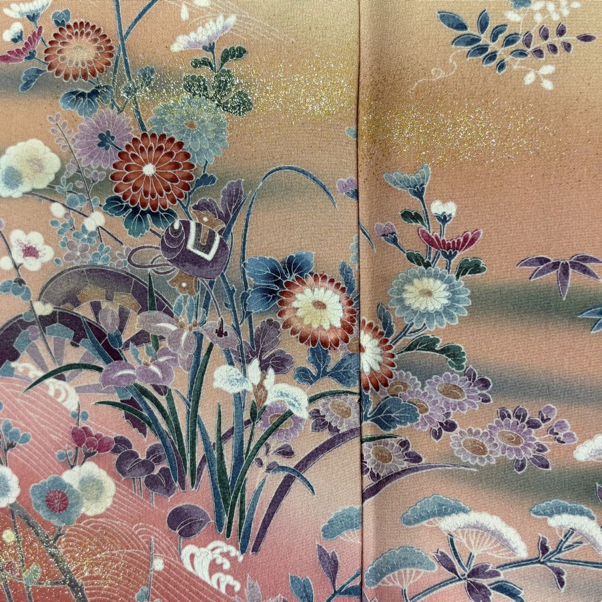 【庫存清倉】訪問服 身長155.5cm 袖長64.5cm M 雙層 短冊 草花紋紋 金彩裝飾 漸層 粉紅 純蠶絲 優品級