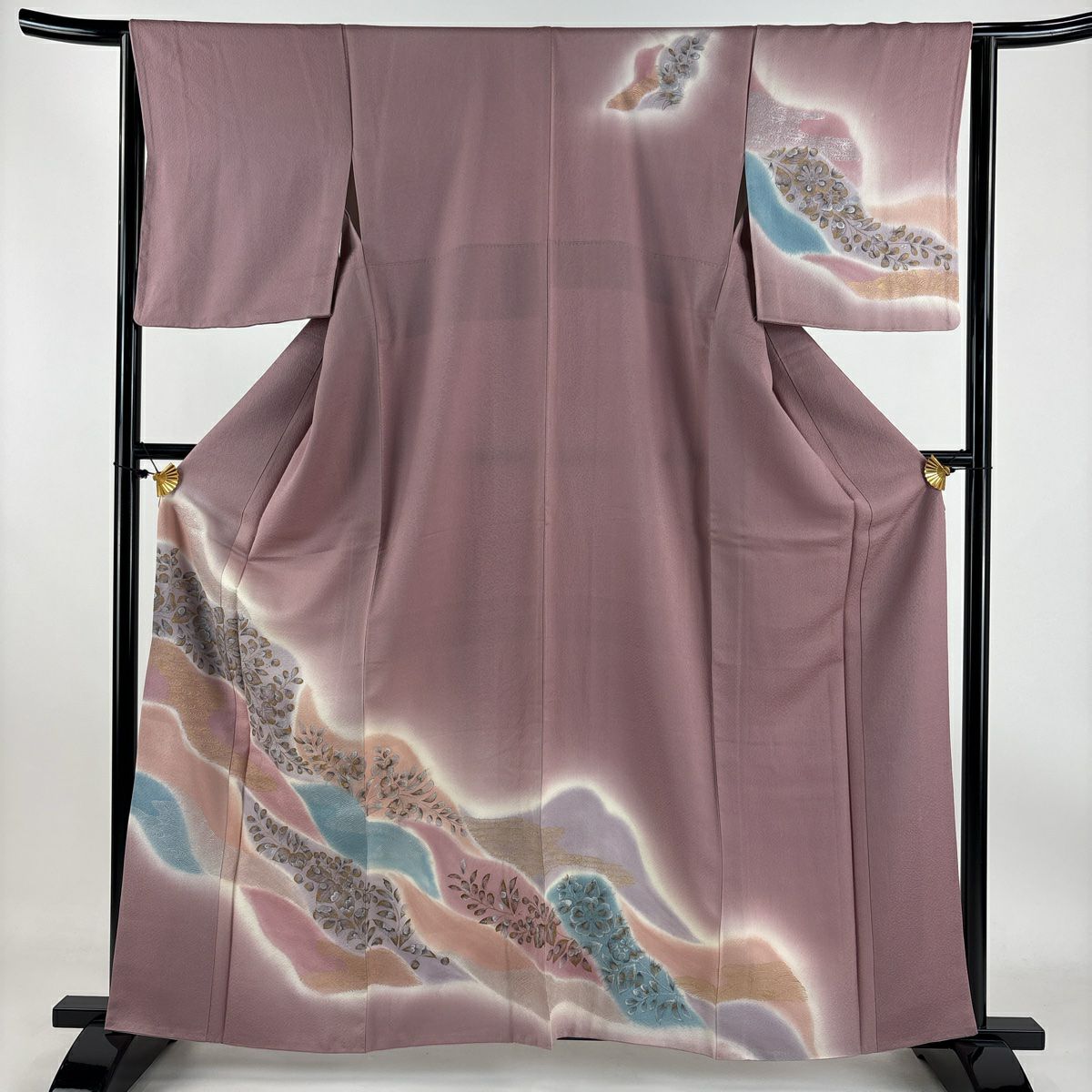 【庫存清倉】訪問服 身長161.5cm 袖長65cm M 雙層 辻花染圖案 流水 金銀彩 漸層 灰紫 純蠶絲 優品級