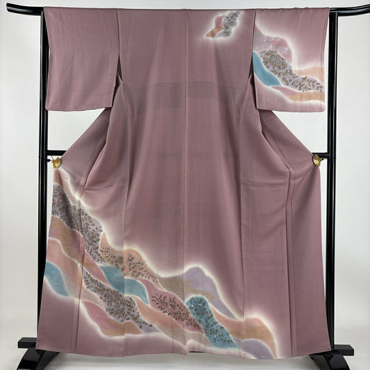 【庫存清倉】訪問服 身長161.5cm 袖長65cm M 雙層 辻花染圖案 流水 金銀彩 漸層 灰紫 純蠶絲 優品級