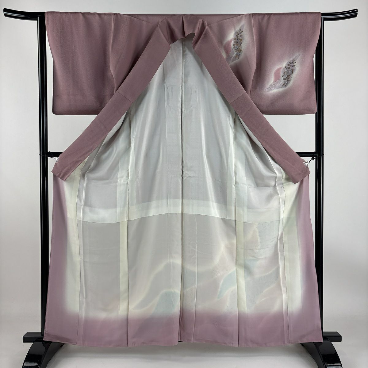 【庫存清倉】訪問服 身長161.5cm 袖長65cm M 雙層 辻花染圖案 流水 金銀彩 漸層 灰紫 純蠶絲 優品級