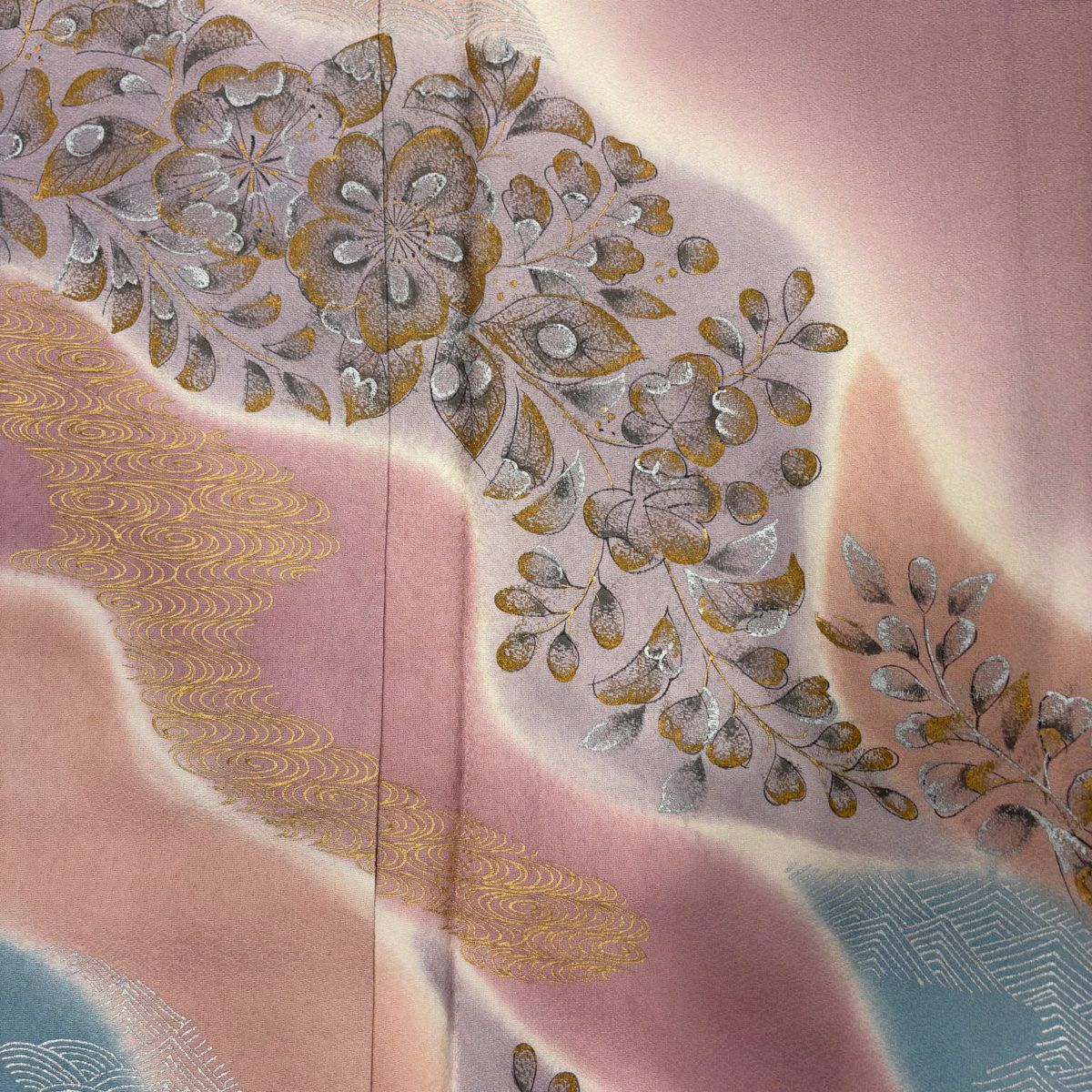 【庫存清倉】訪問服 身長161.5cm 袖長65cm M 雙層 辻花染圖案 流水 金銀彩 漸層 灰紫 純蠶絲 優品級