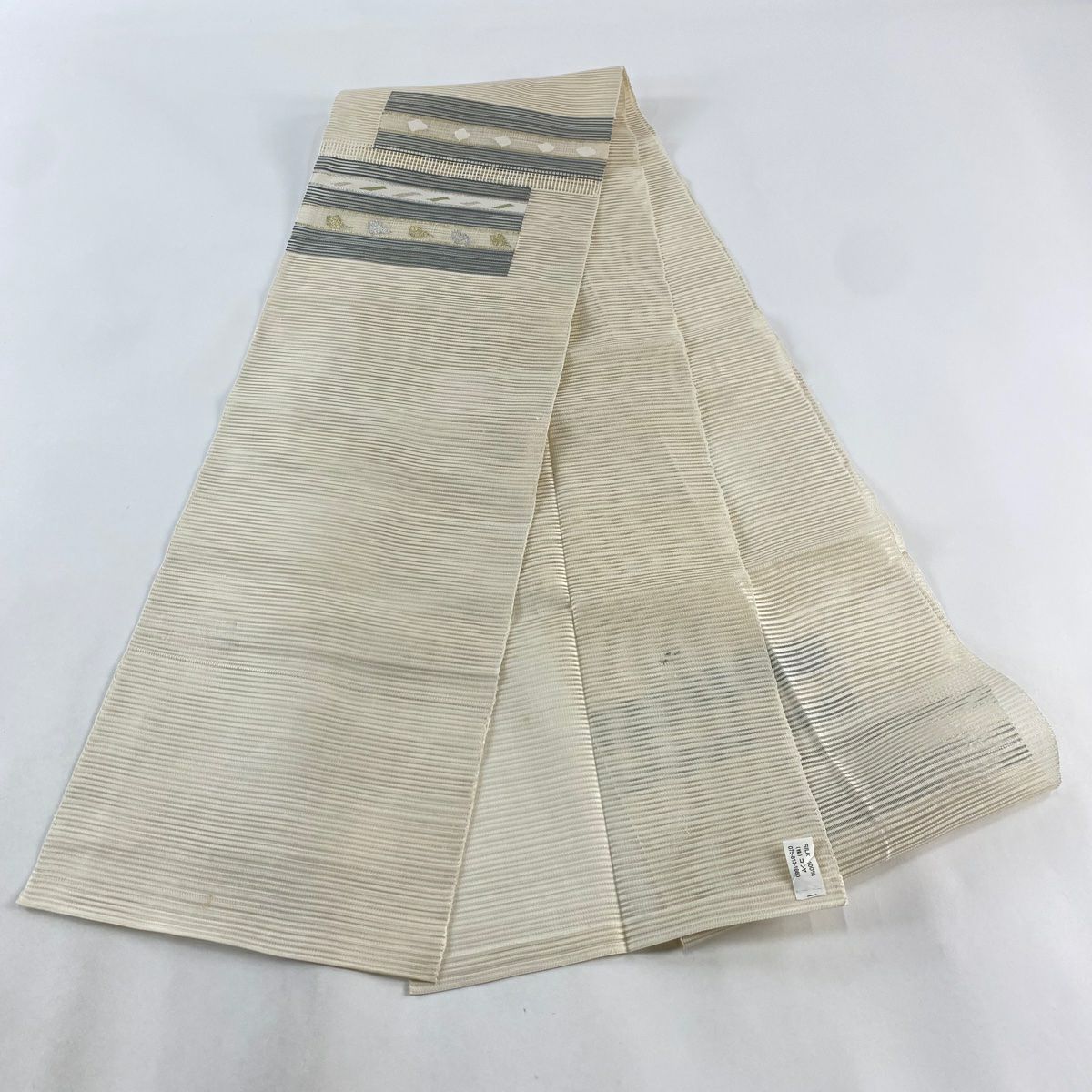 【庫存清倉】 名古屋帶 優品級 八寸名古屋帶 夏帶 絽 縞 幾何圖案 米色 純蠶絲