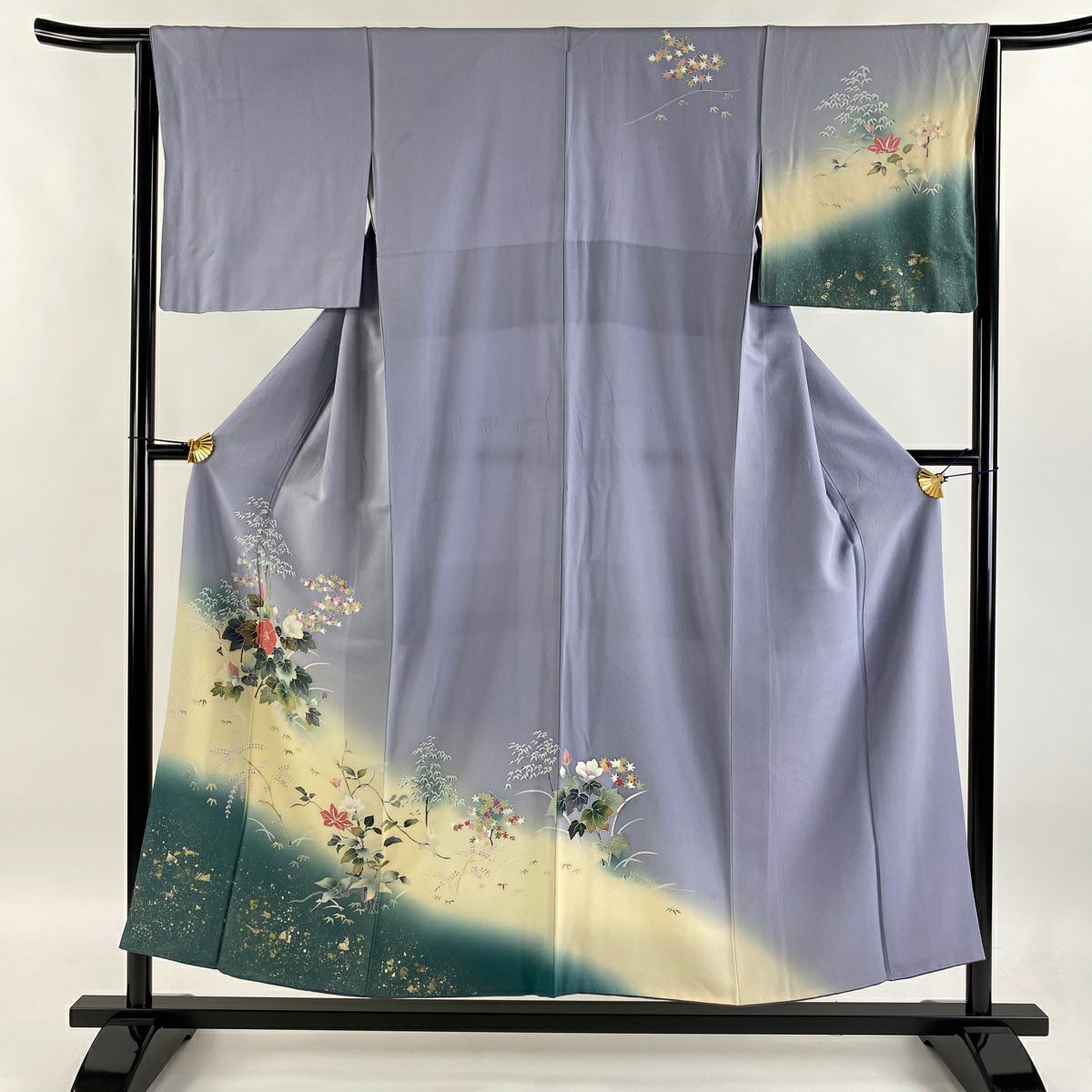 【庫存清倉】訪問服 身長153cm 袖長64cm M 雙層 草花紋紋 竹子 金銀彩 漸層 淡紫 純蠶絲 優品級