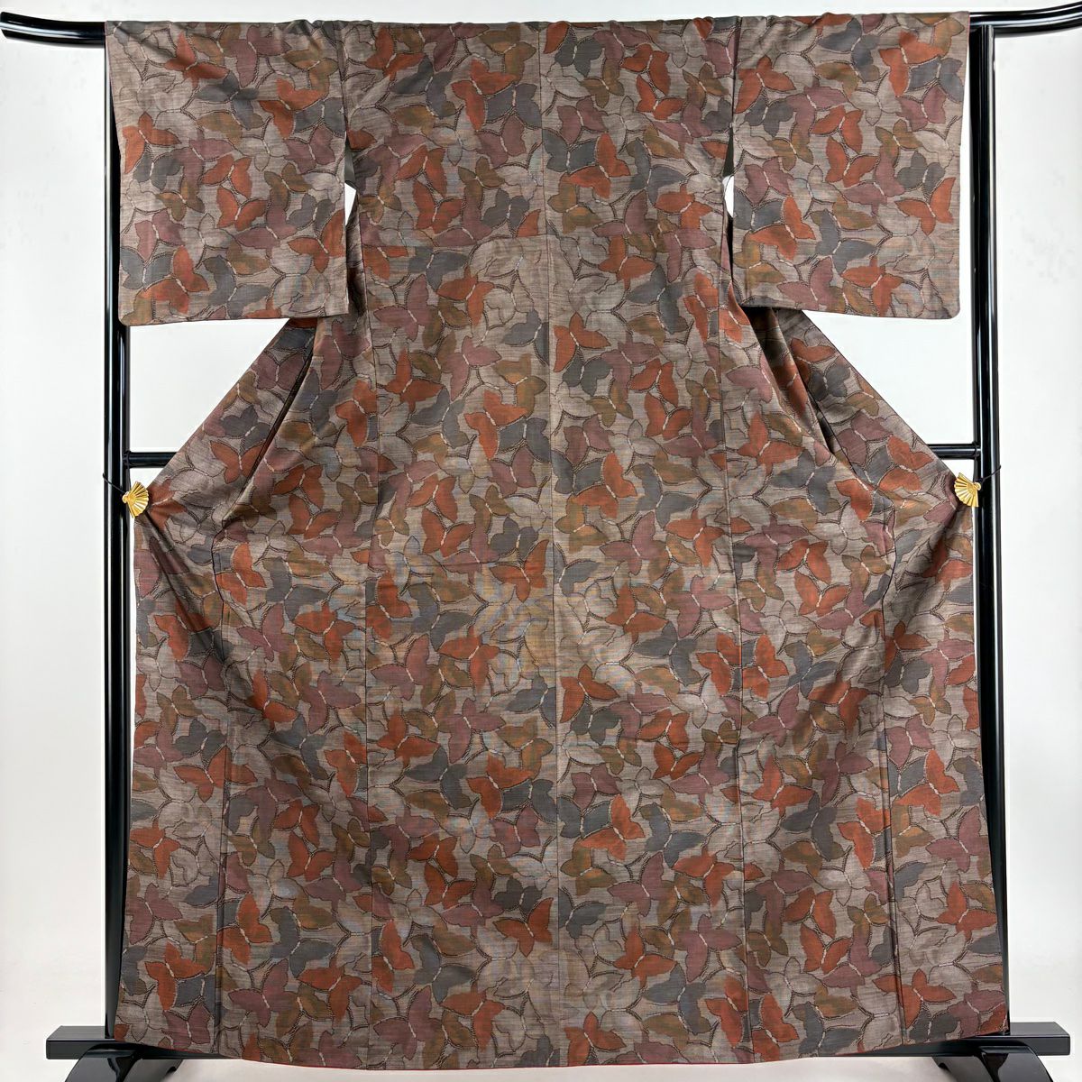 【庫存清倉】 紬織 身長163cm 袖長65.5cm M 雙層 蝶 灰茶 純蠶絲 美品 秀品級