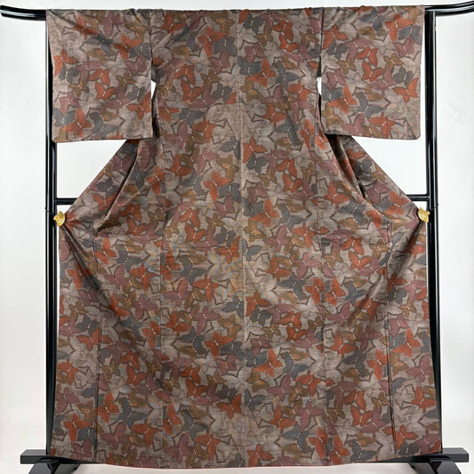 【庫存清倉】 紬織 身長163cm 袖長65.5cm M 雙層 蝶 灰茶 純蠶絲 美品 秀品級