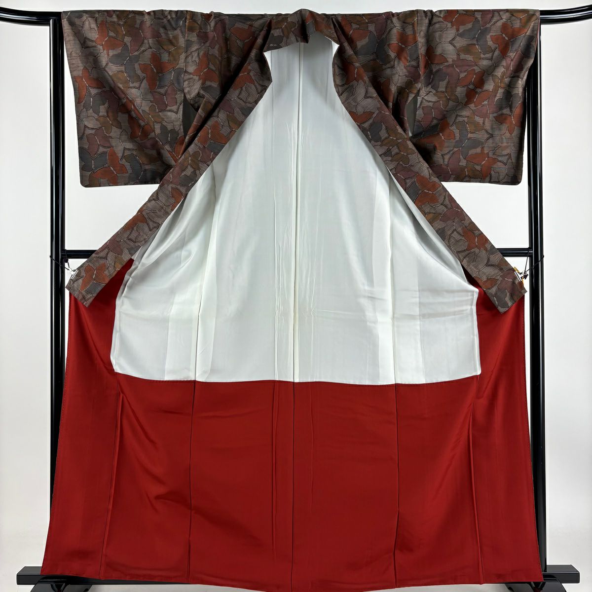【庫存清倉】 紬織 身長163cm 袖長65.5cm M 雙層 蝶 灰茶 純蠶絲 美品 秀品級